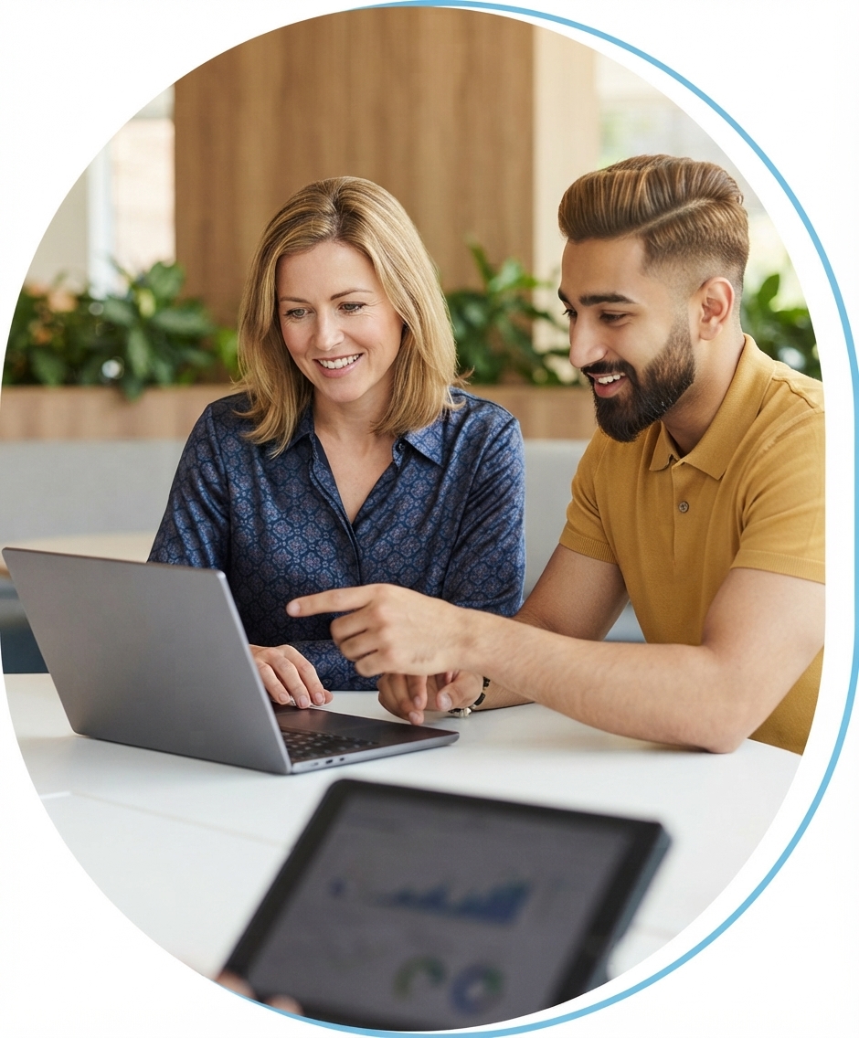 Two colleagues reviewing a customer portal on a laptop