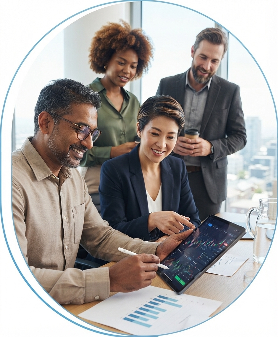 Four colleagues reviewing market data on a tablet