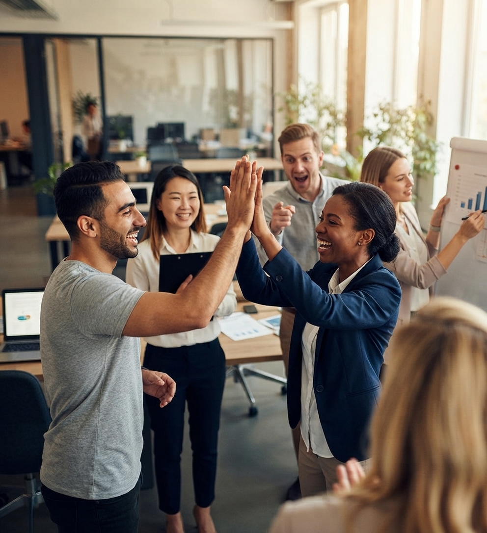 Colleagues celebrating with a high-five in the office